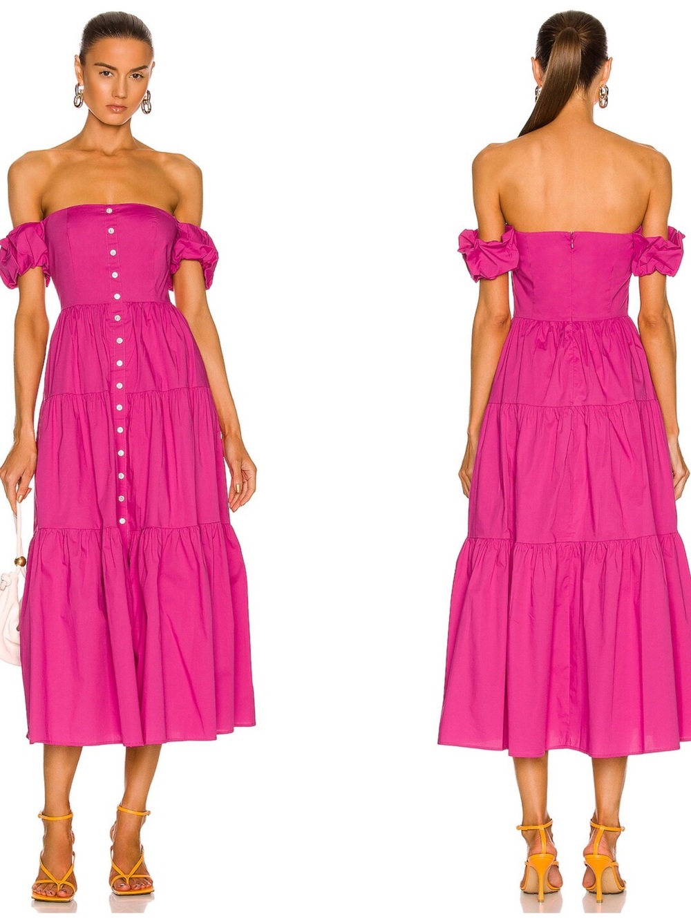 STAUD Elio Off-Shoulder Fuchsia Tiered Midi Dress